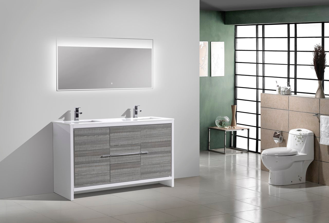 KubeBath Dolce 60″ Double Sink Ash Gray Modern Bathroom Vanity with Quartz Countertop