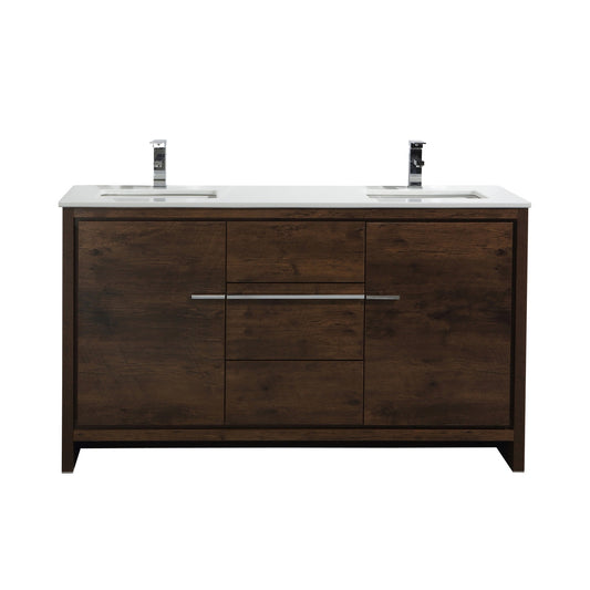 KubeBath Dolce 60″ Double Sink Rose Wood Modern Bathroom Vanity with Quartz Countertop