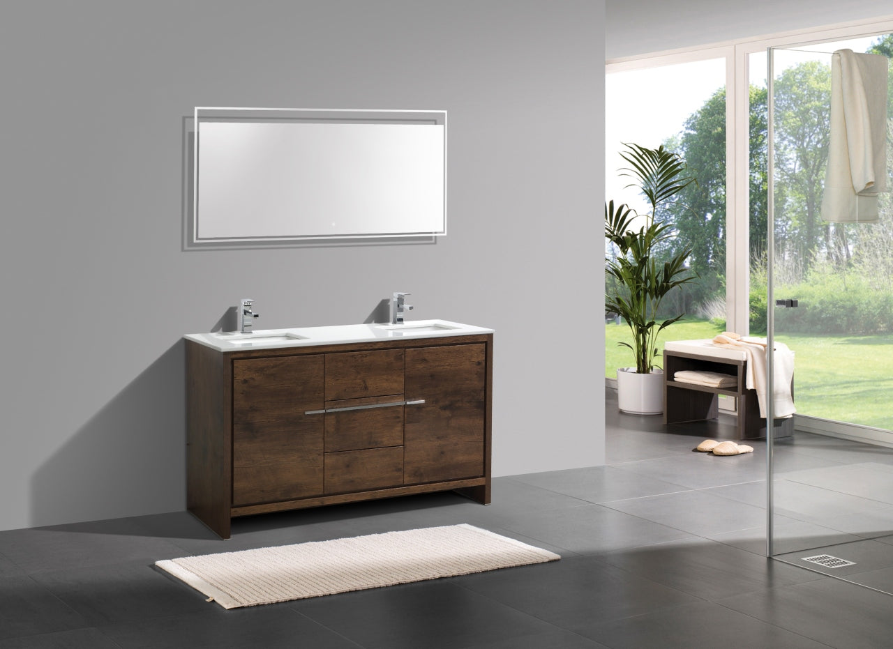 KubeBath Dolce 60″ Double Sink Rose Wood Modern Bathroom Vanity with Quartz Countertop