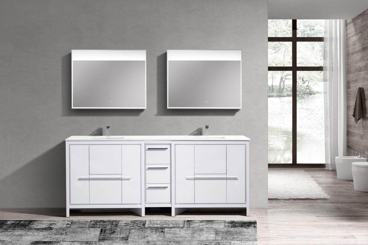 KubeBath Dolce 84″ Gloss White Modern Bathroom Vanity with Quartz Countertop