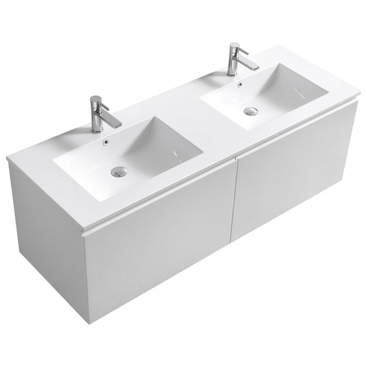 KubeBath 60″ Double Sink Balli Modern Bathroom Vanity in High Gloss White Finish