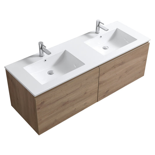 KubeBath 60″ Double Sink Balli Modern Bathroom Vanity in White Oak Finish