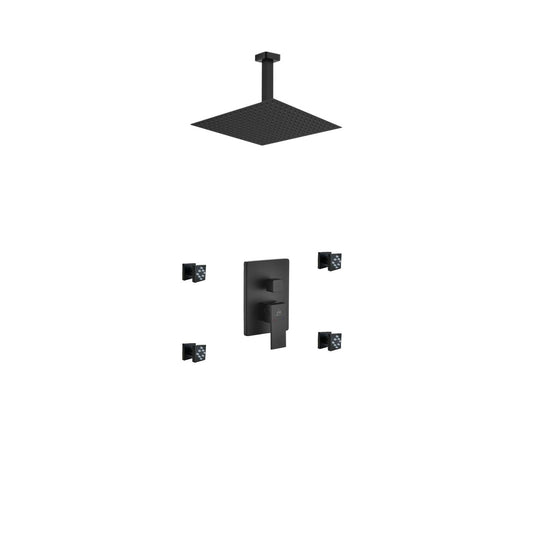 Aqua Piazza Black Shower Set w/ 12″ Ceiling Mount Square Rain Shower and 4 Body Jets