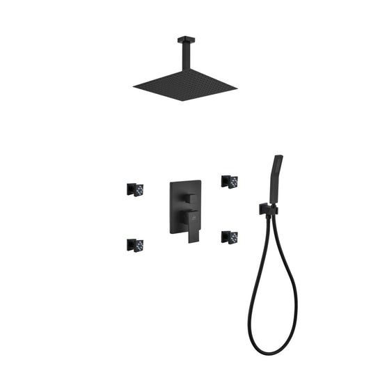 Aqua Piazza Black Shower Set w/ 12″ Ceiling Mount Square Rain Shower, 4 Body Jets and Handheld