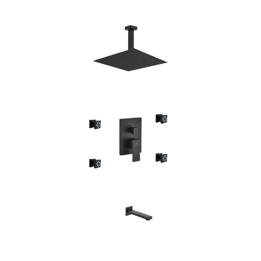 Aqua Piazza Black Shower Set w/ 12″ Ceiling Mount Square Rain Shower, Tub Filler and 4 Body Jets