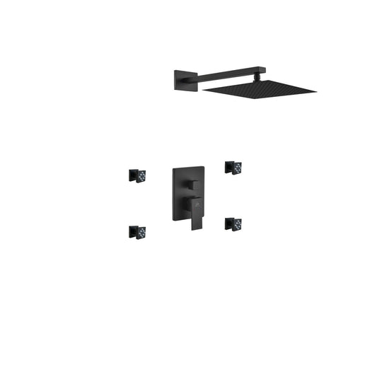 Aqua Piazza Black Shower Set w/ 12″ Square Rain Shower and 4 Body Jets