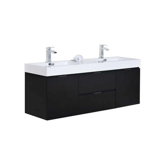 Bliss 60″ Black Wall Mount Double Sink Modern Bathroom Vanity