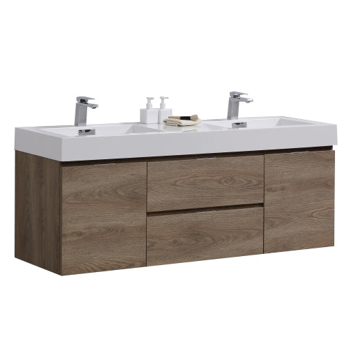 Bliss 60″ Butternut Wall Mount Double Sink Modern Bathroom Vanity