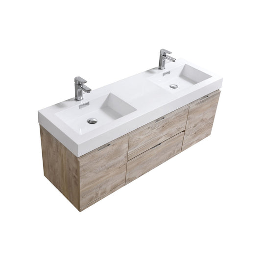 Bliss 60″ Nature Wood Wall Mount Double Sink Modern Bathroom Vanity