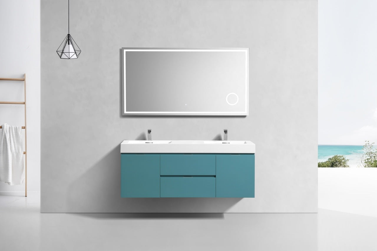 Bliss 60″ Turquoise Green Wall Mount Double Sink Modern Bathroom Vanity