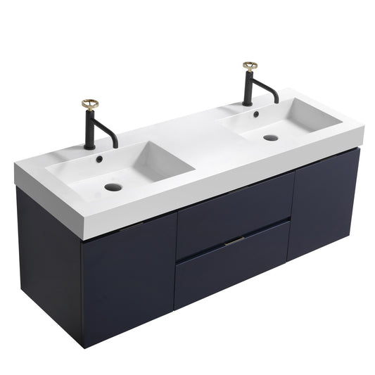 Bliss 60″ Blue Wall Mount Double Sink Modern Bathroom Vanity