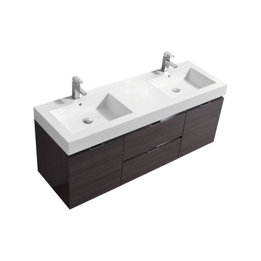 Bliss 60″ High Gloss Gray Oak Wall Mount Double Sink Modern Bathroom Vanity