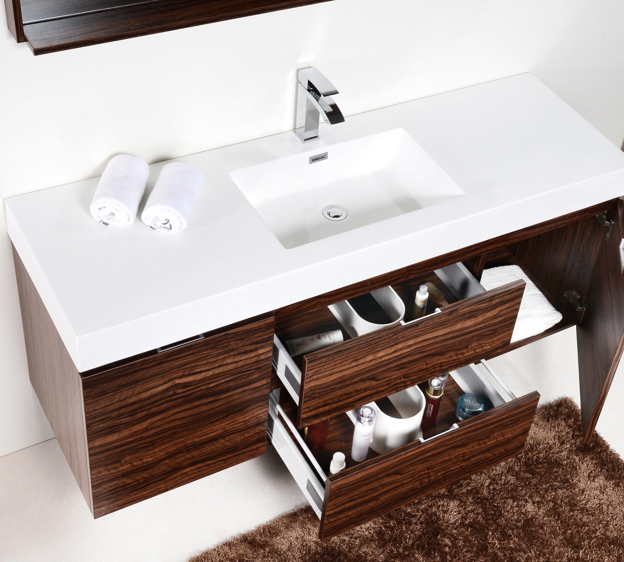Bliss 60″ Walnut Wall Mount Single Sink Modern Bathroom Vanity