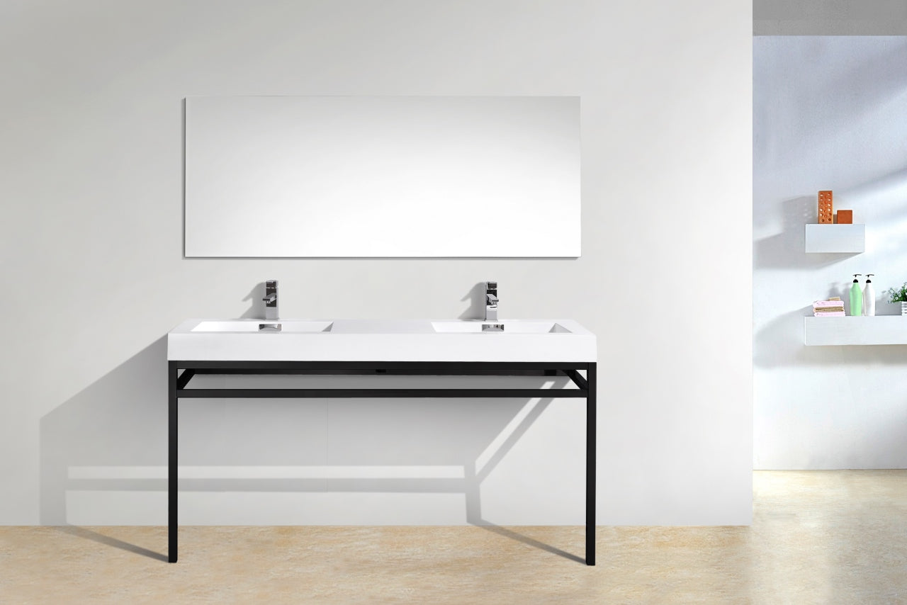 Haus 60″ Double Sink Stainless Steel Console w/ White Acrylic Sink – Matte Black