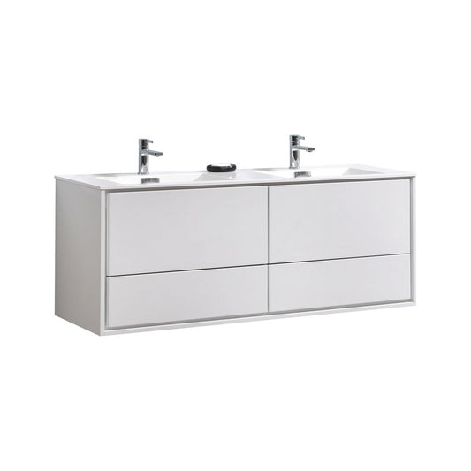 De Lusso 60″ Double Sink High Gloss White Wall Mount Modern Bathroom Vanity