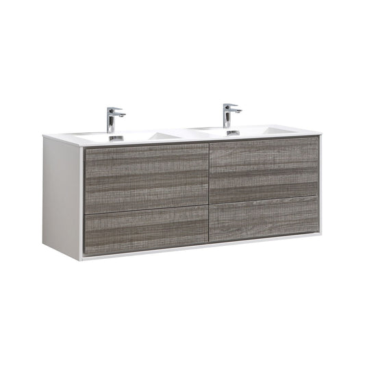 De Lusso 60″ Double Sink Ash Gray Wall Mount Modern Bathroom Vanity