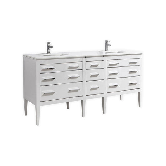 Eiffel 72″ Double Sink High Gloss White Vanity W/ White Counter Top