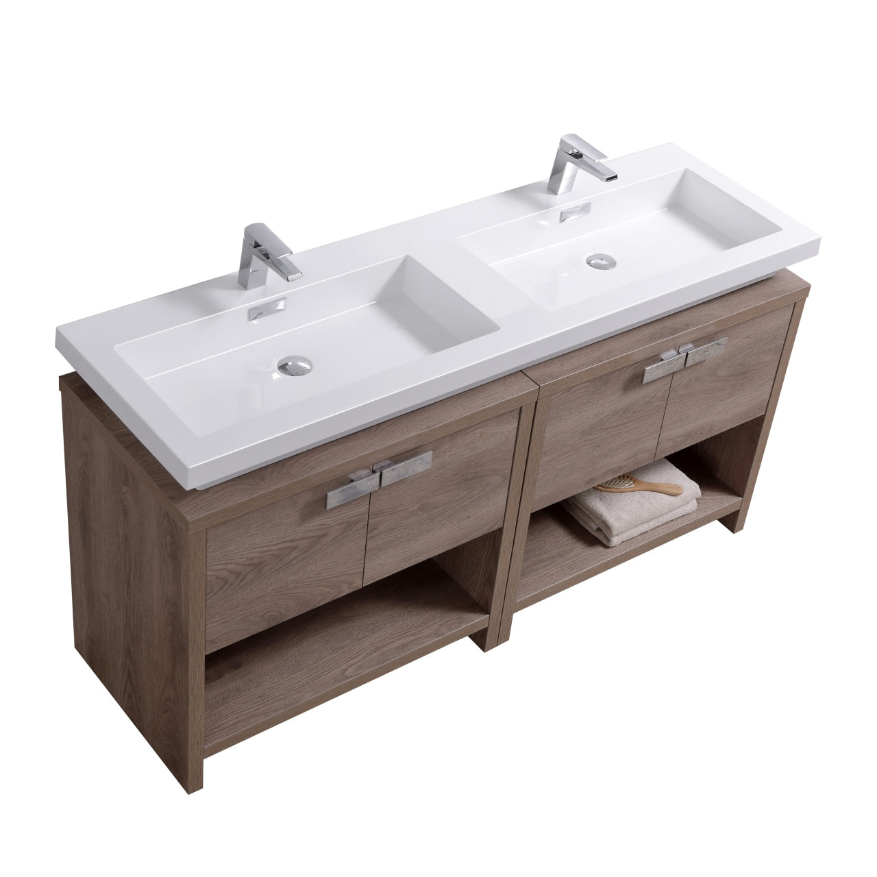 Levi 63″ Butternut Double Sink Modern Bathroom Vanity w/ Cubby Hole