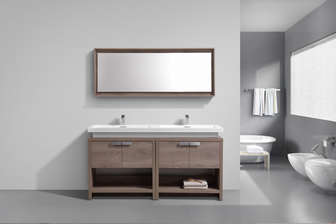 Levi 63″ Butternut Double Sink Modern Bathroom Vanity w/ Cubby Hole