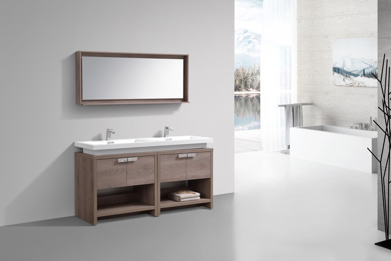 Levi 63″ Butternut Double Sink Modern Bathroom Vanity w/ Cubby Hole