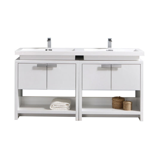 Levi 63″ High Gloss White Modern Bathroom Vanity w/ Cubby Hole