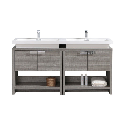 Levi 63″ Ash Gray Double Sink Modern Bathroom Vanity w/ Cubby Hole