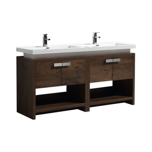 Levi 63″ Rose Wood Modern Bathroom Vanity w/ Cubby Hole