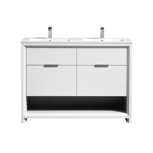 KubeBath 48″ Double Sink Nudo Modern Bathroom Vanity in High Gloss White Finish