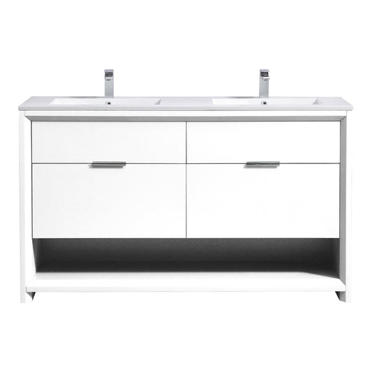 KubeBath 60″ Double Sink Nudo Modern Bathroom Vanity in High Gloss White Finish