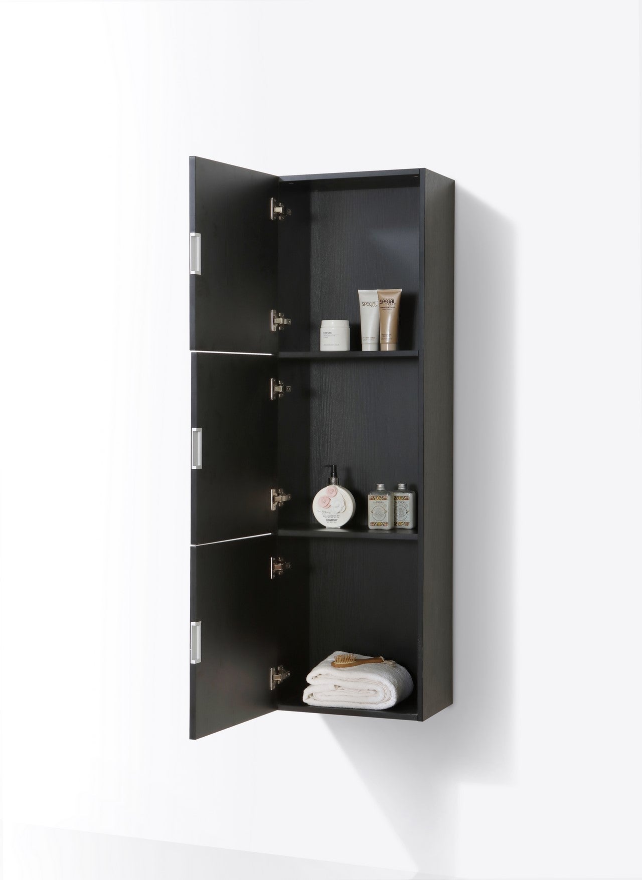 Bathroom Black Wood Linen Side Cabinet w/ 3 Large Storage Areas