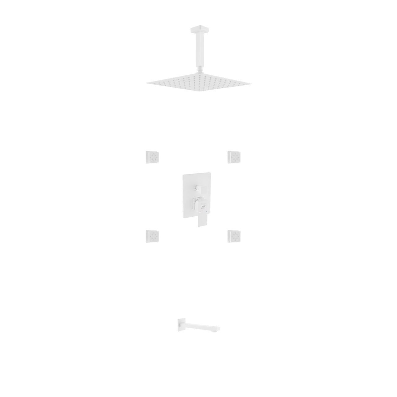 Aqua Piazza White Shower Set w/ 8″ Ceiling Mount Square Rain Shower, Tub Filler and 4 Body Jets