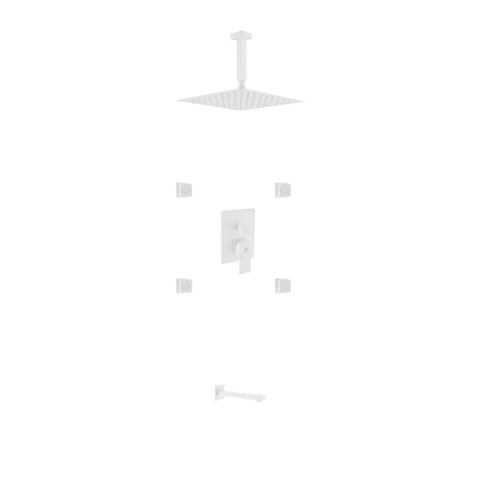 Aqua Piazza White Shower Set w/ 8″ Ceiling Mount Square Rain Shower, Tub Filler and 4 Body Jets