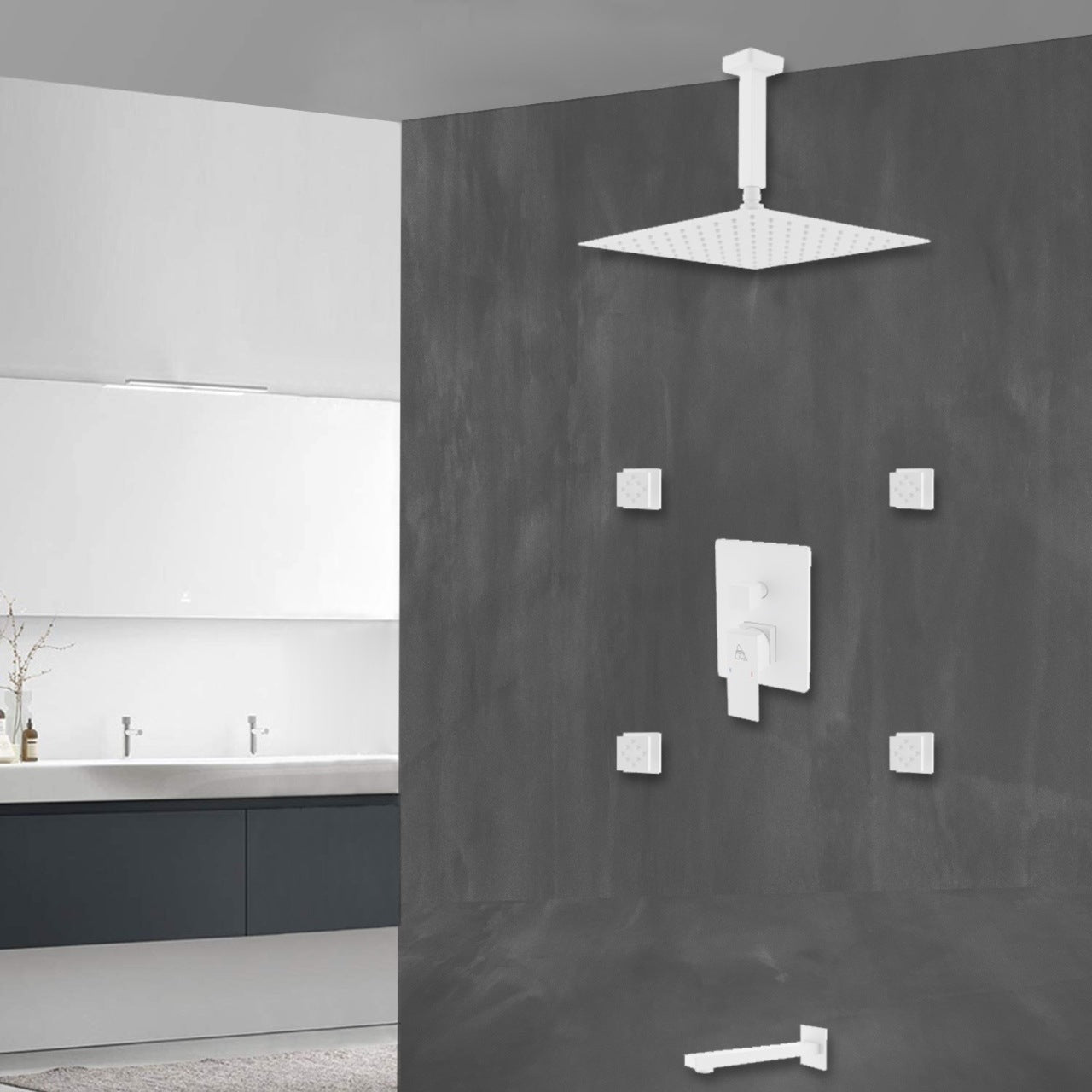 Aqua Piazza White Shower Set w/ 8″ Ceiling Mount Square Rain Shower, Tub Filler and 4 Body Jets