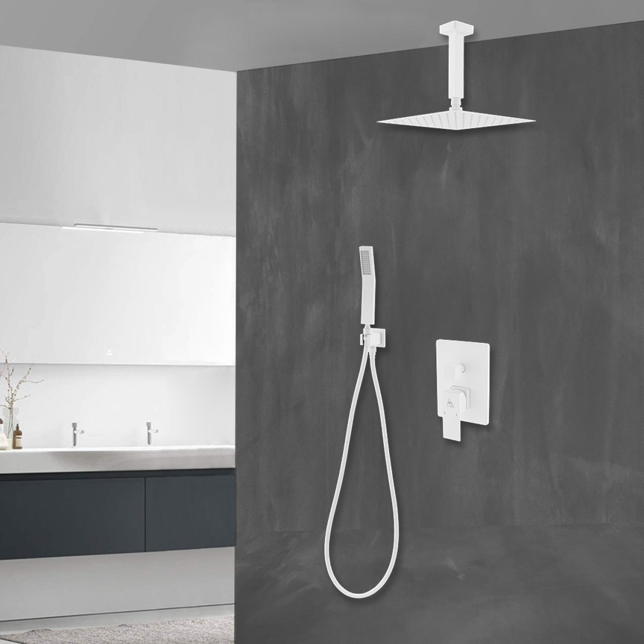 Aqua Piazza White Shower Set w/ 8″ Ceiling Mount Square Rain Shower and Handheld