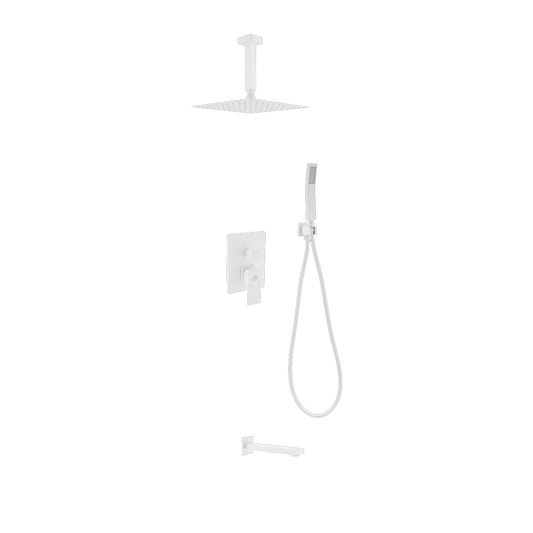 Aqua Piazza White Shower Set w/ 8″ Ceiling Mount Square Rain Shower, Handheld and Tub Filler