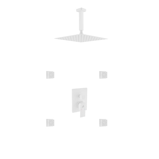 Aqua Piazza White Shower Set w/ 12″ Ceiling Mount Square Rain Shower and 4 Body Jets