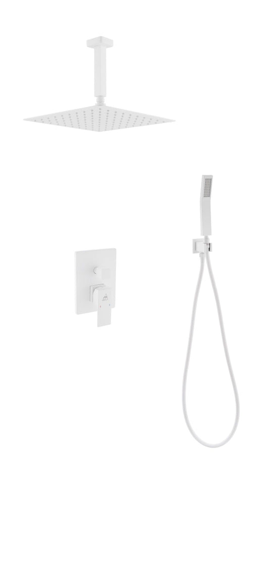 Aqua Piazza White Shower Set w/ 12″ Ceiling Mount Square Rain Shower and Handheld