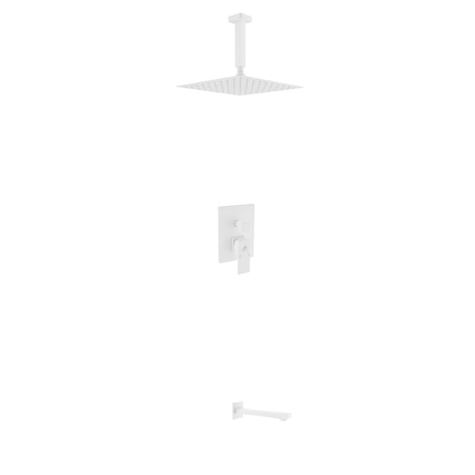 Aqua Piazza White Shower Set w/ 12″ Ceiling Mount Square Rain Shower and Tub Filler