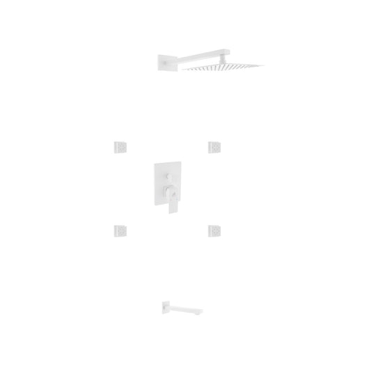 Aqua Piazza White Shower Set w/ 8″ Square Rain Shower, 4 Body Jets and Tub Filler