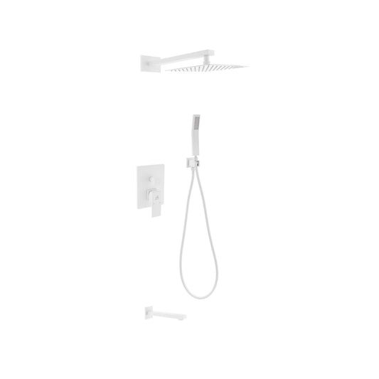 Aqua Piazza White Shower Set w/ 8″ Square Rain Shower, Tub Filler and Handheld