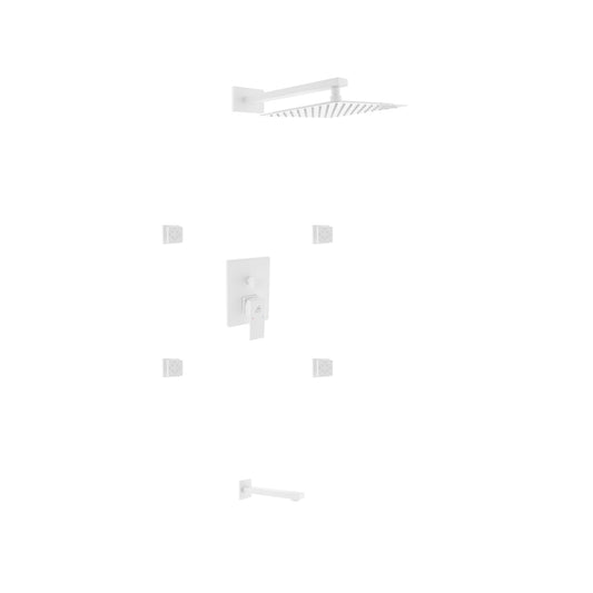 Aqua Piazza White Shower Set w/ 12″ Square Rain Shower, Tub Filler and 4 Body Jets