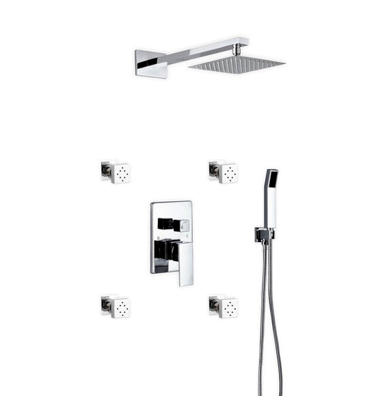 Aqua Piazza Shower Set w/ 8″ Square Rain Shower, 4 Body Jets and Handheld