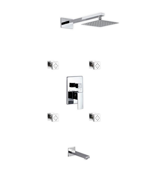 Aqua Piazza Brass Shower Set w/ 8″ Square Rain Shower, 4 Body Jets and Tub Filler